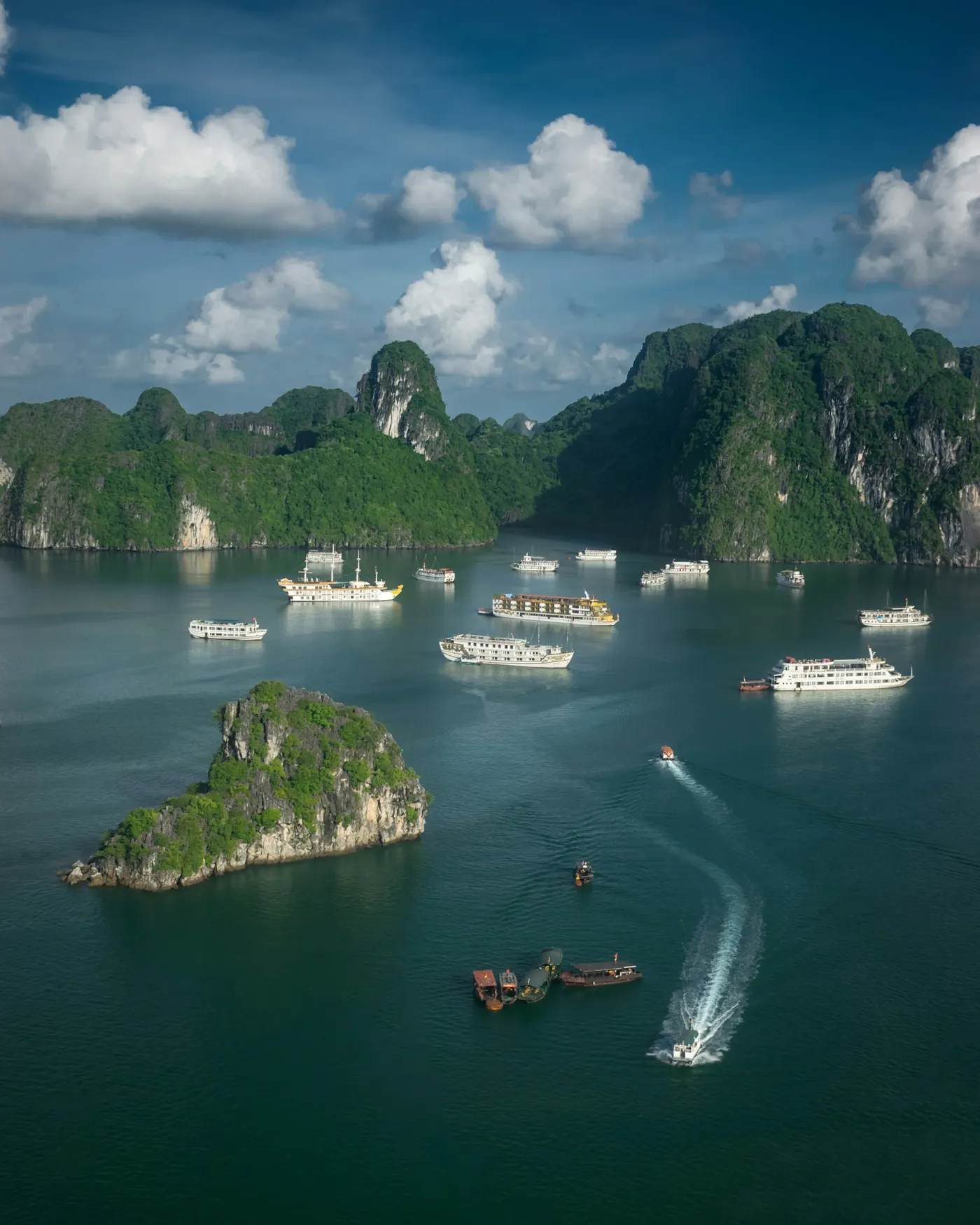 Tour boats in Ha Long Bay viewed from above, Vietnam